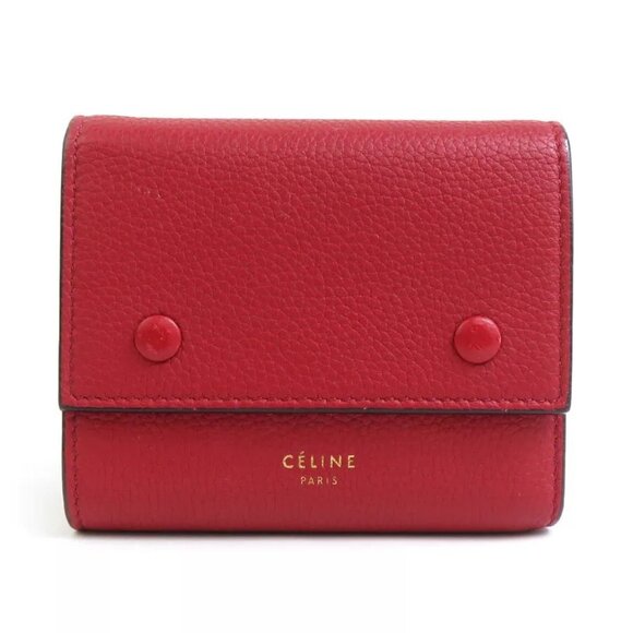 Auth CELINE Small Folded Multifunction Trifold Wallet Red Leather - Picture 1 of 8
